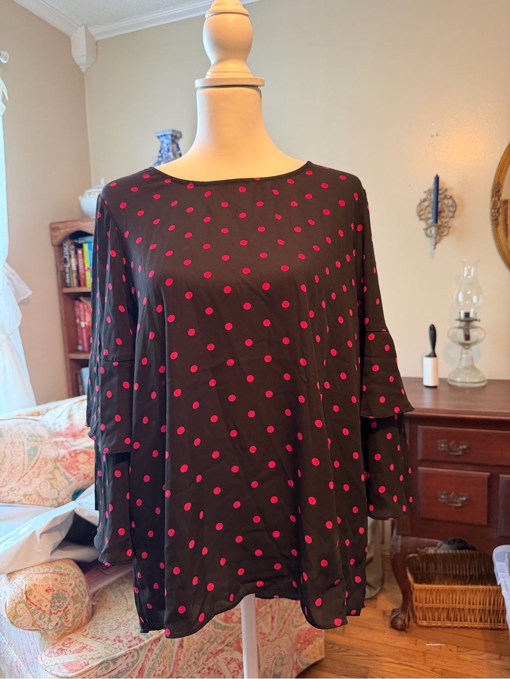 Cato Black Blouse with Pink Polka Dots